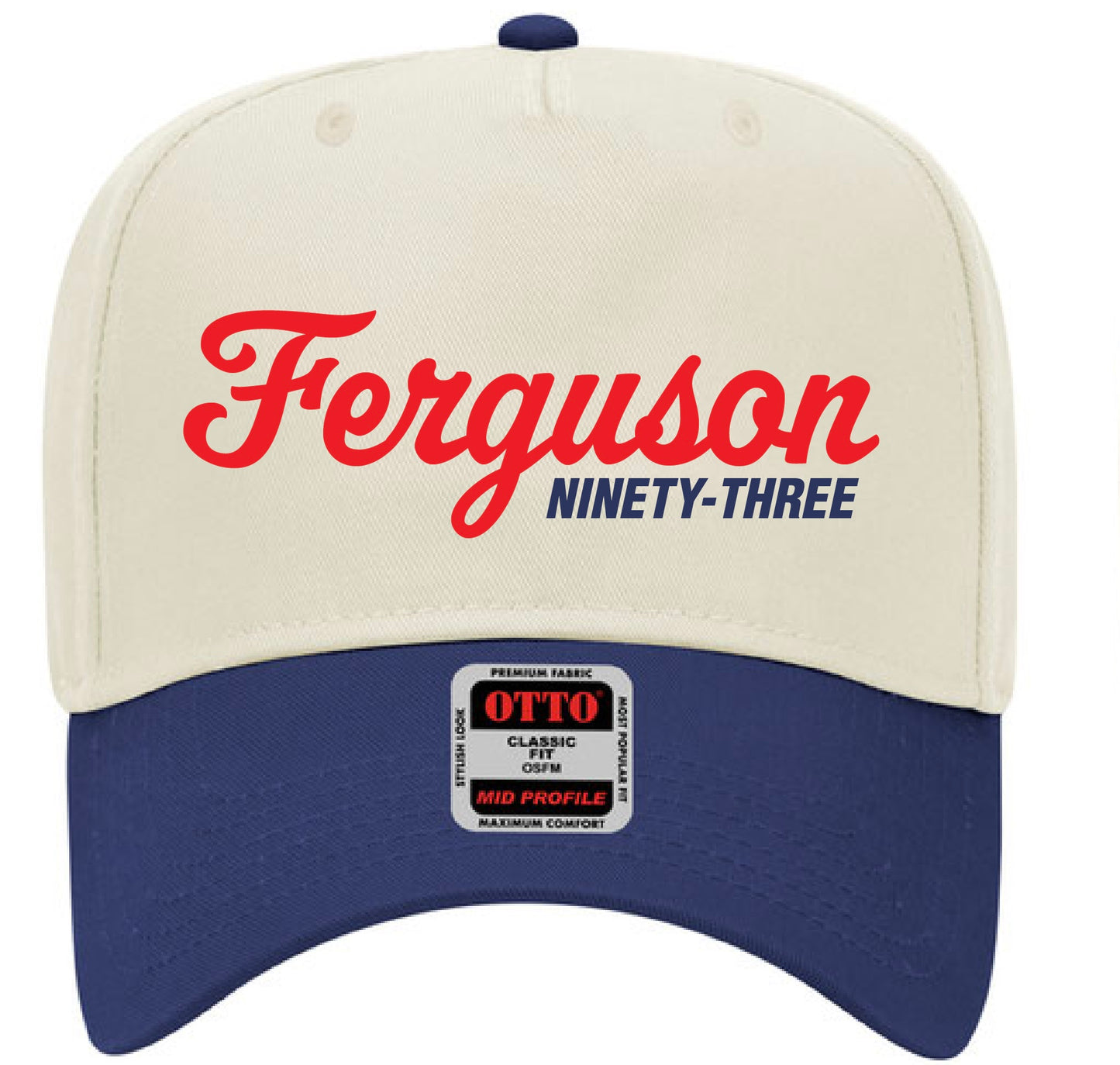 Embroidered tan and blue trucker hat